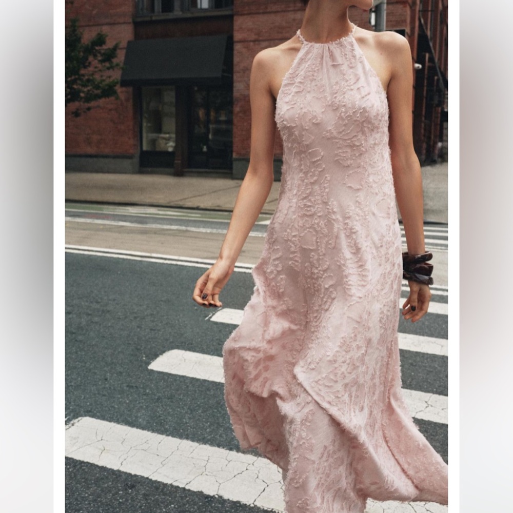 Zara NWT Pink Halter Maxi Dress eyelash lace semi sheer with lining size small